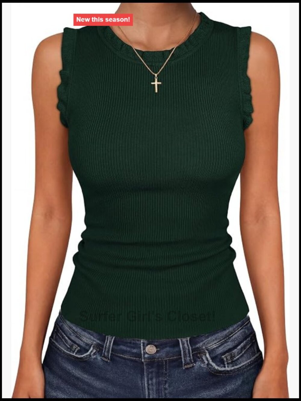 Women's Ribbed Knit Tank Top Ruffle Neck Sleeveless Stretchy